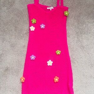 Hot Pink Crochet Swim Coverup Dress with Floral Appliqués